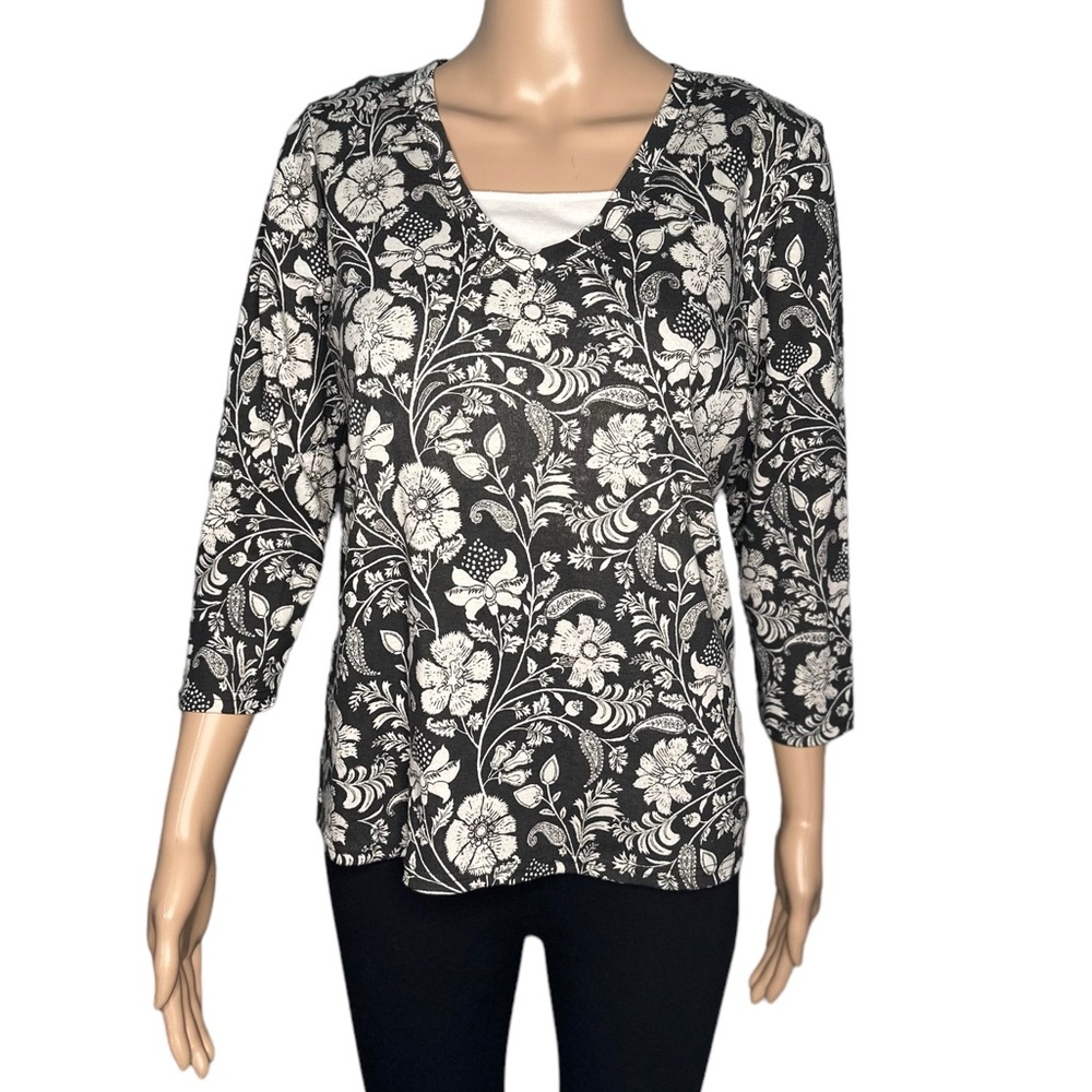 Basic editions women’s black white paisley floral print long sleeve top size S